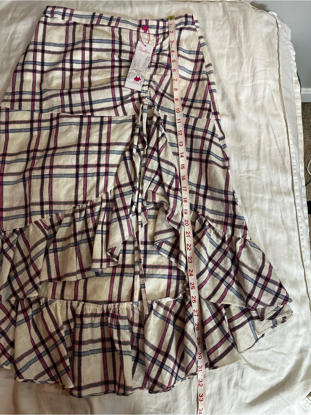 NWT Parker Linen-Cotton Plaid Hi-Low Ruffled Shirred Women’s Size 8 - Picture 12 of 12